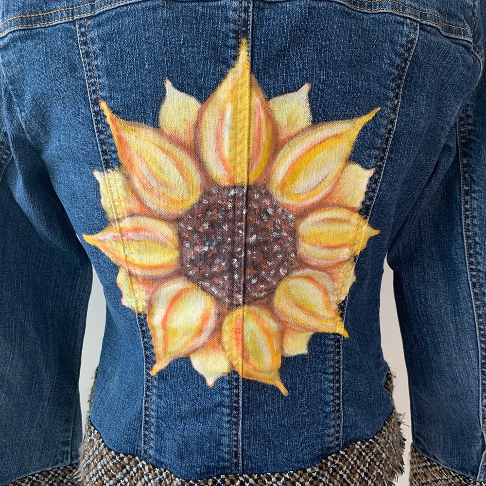 Coldwater Creek Denim Jacket Painted Sunflower 6P - Picture 2 of 6
